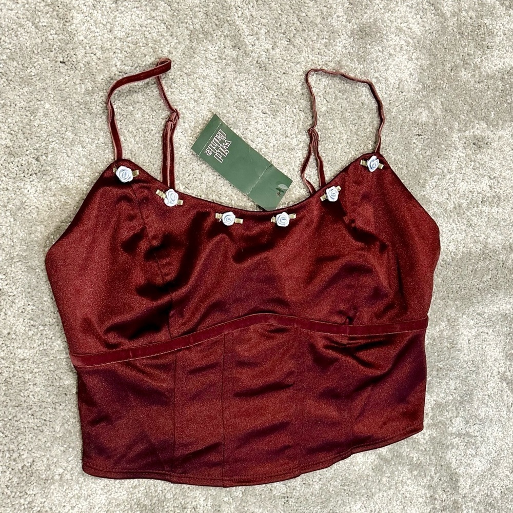 Wild Fable Womenβs Rosette Satin Corset Tank Top Burgundy Deep Red Size S NWT